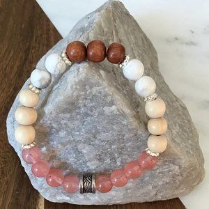 Handmade Stretch Howlite - Wood -‎ Cherry Quartz Beaded Bracelet